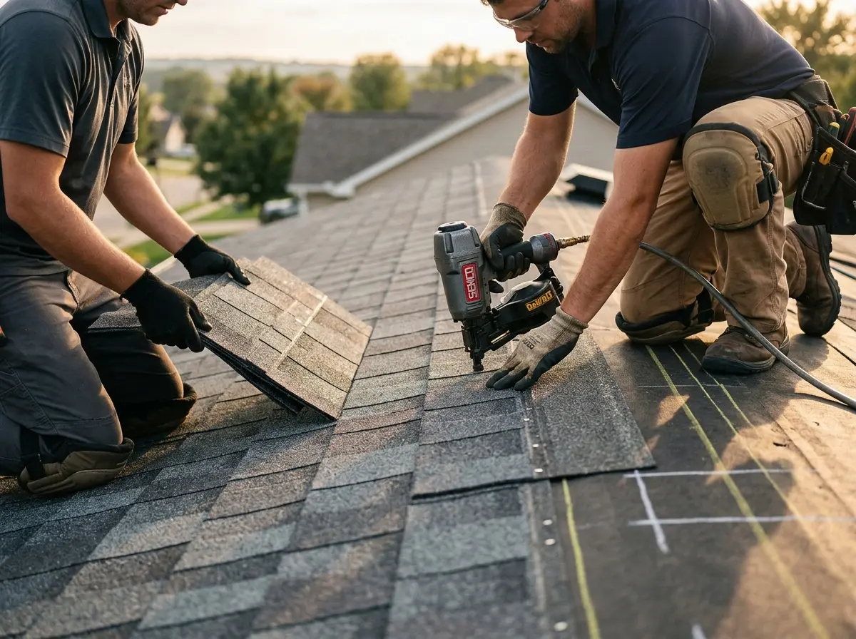Professional roofer working on a residential roof in Ashland